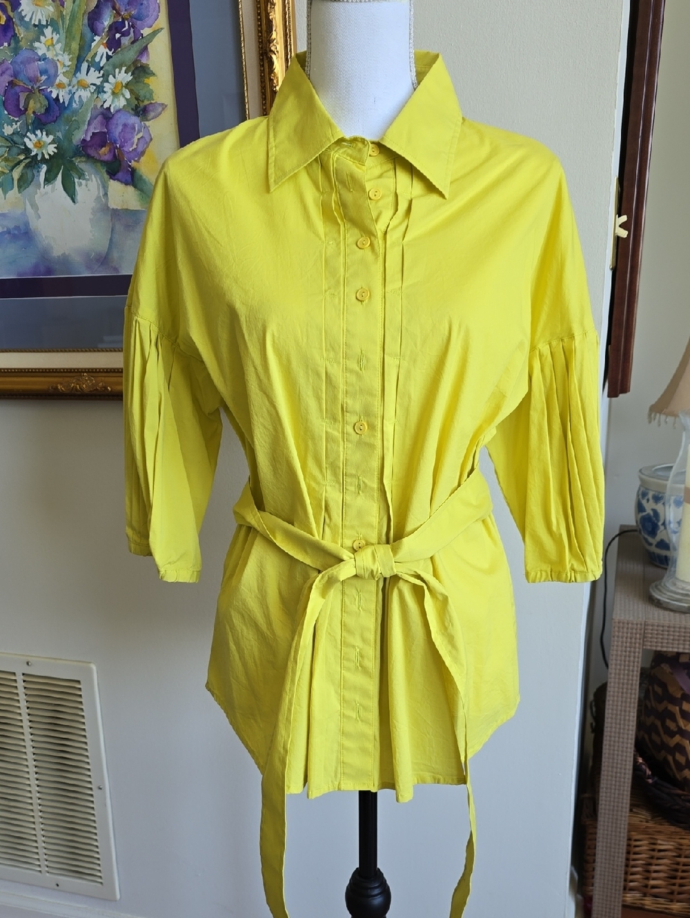 Marc Bouwer Bright Yellow-Green Button-Front Tie-Waist Shirt